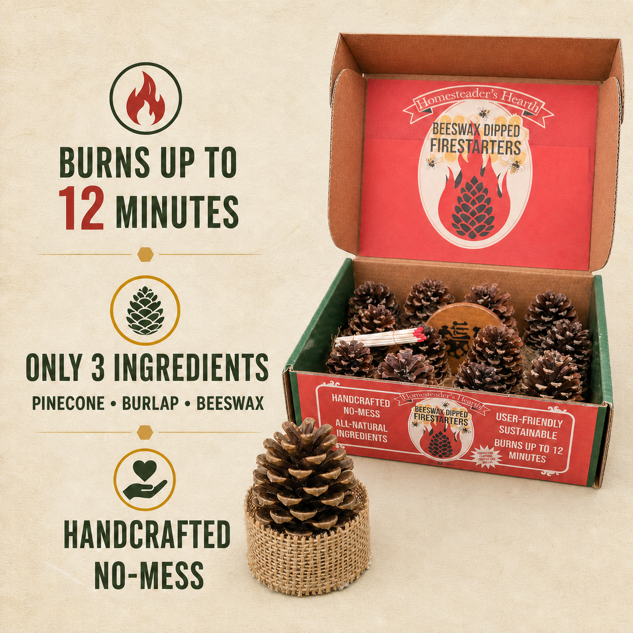 Natural Beeswax Pinecone Firestarter - 12 Pack
