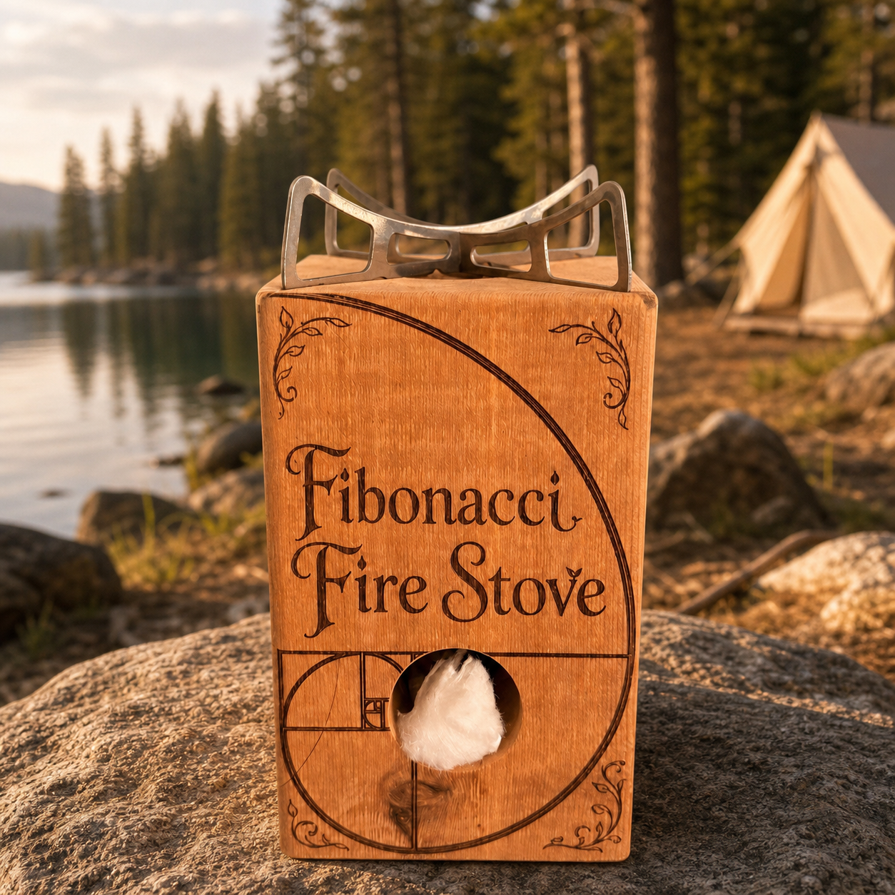 A wooden Fibonacci Firestove placed outdoors on a rock near a lake, with trees and a tent in the background. The front of the box shows the words 'Fibonacci Fire Stove' and a circular spiral design with a small opening revealing white fuel inside.