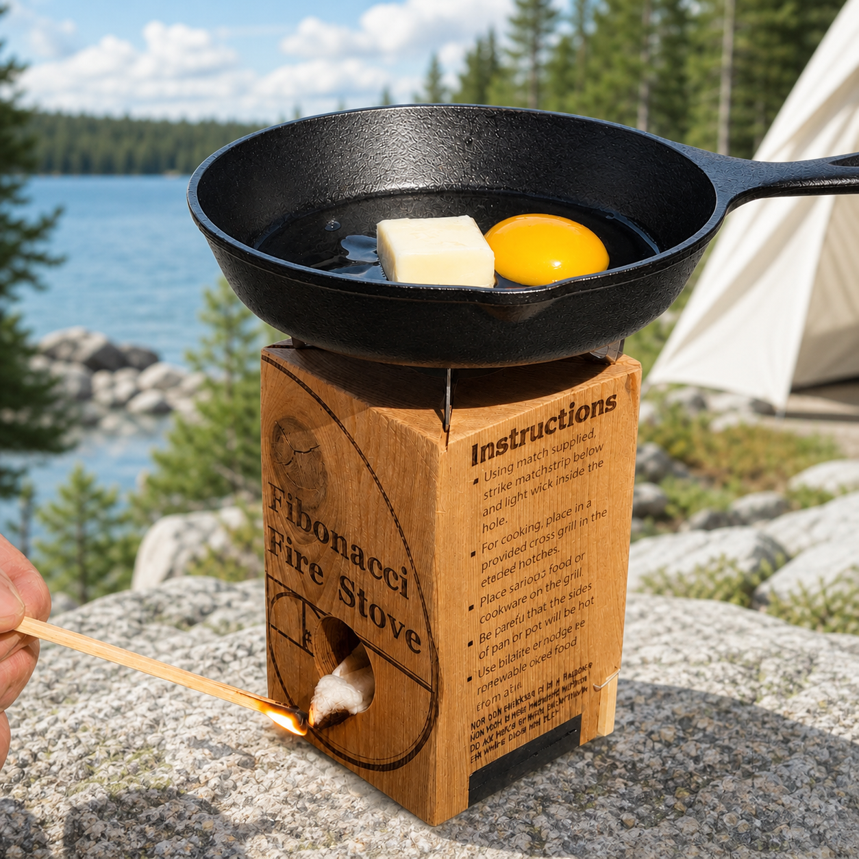 A portable fibronaci fire stove made of natural wood sits outdoors on a rock by a lake, with a black cast iron skillet on top holding butter and an egg yolk. A hand is lighting the stove with a wooden match, and trees and a tent are visible in the background.